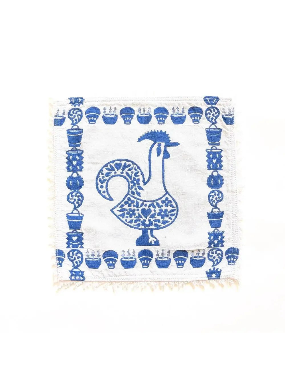 Vintage Scandinavian Cloth Napkins with Folk Art Stylized Rooster Design